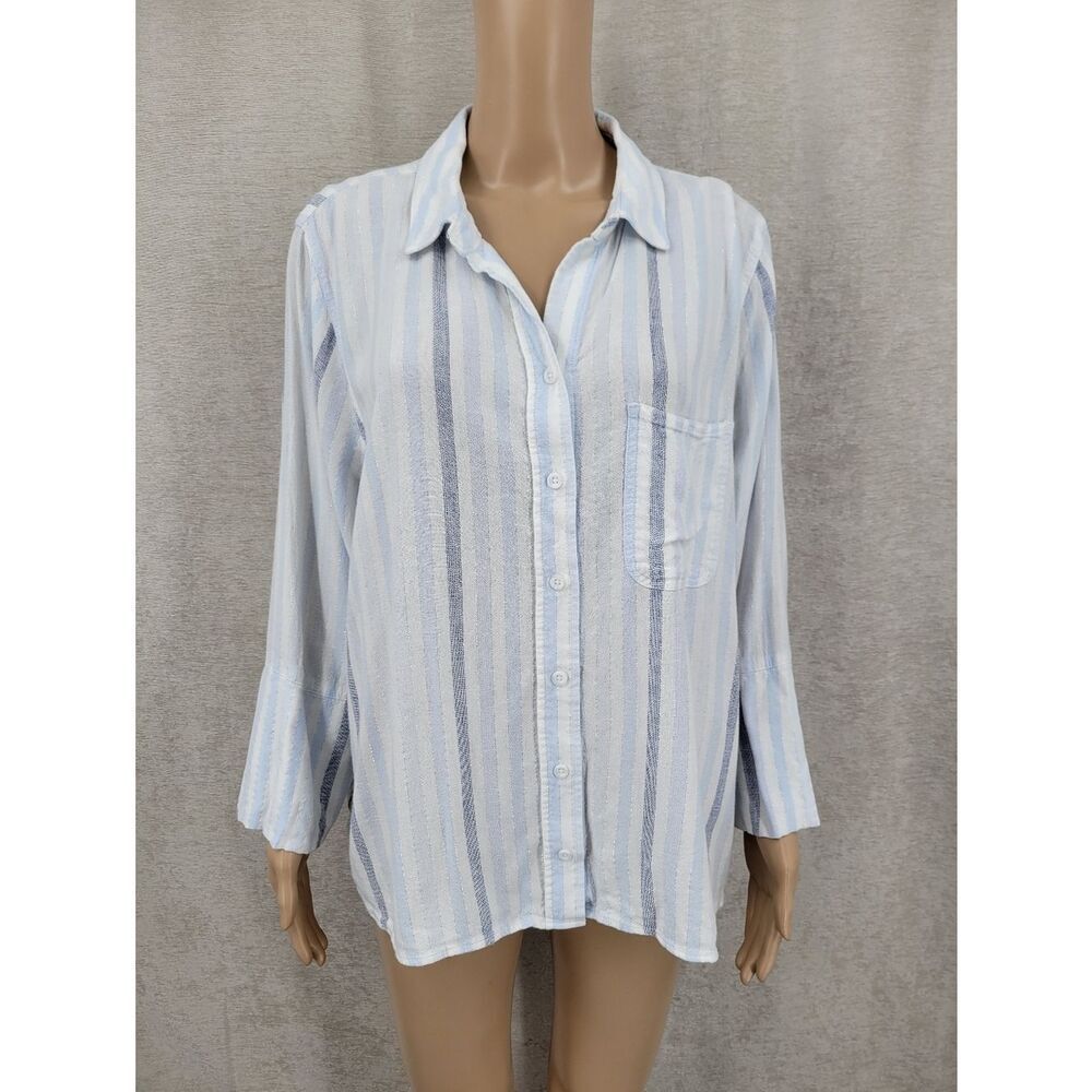 Side Stitch Light Blue Striped Button-Down Shirt Linen Blend Coastal